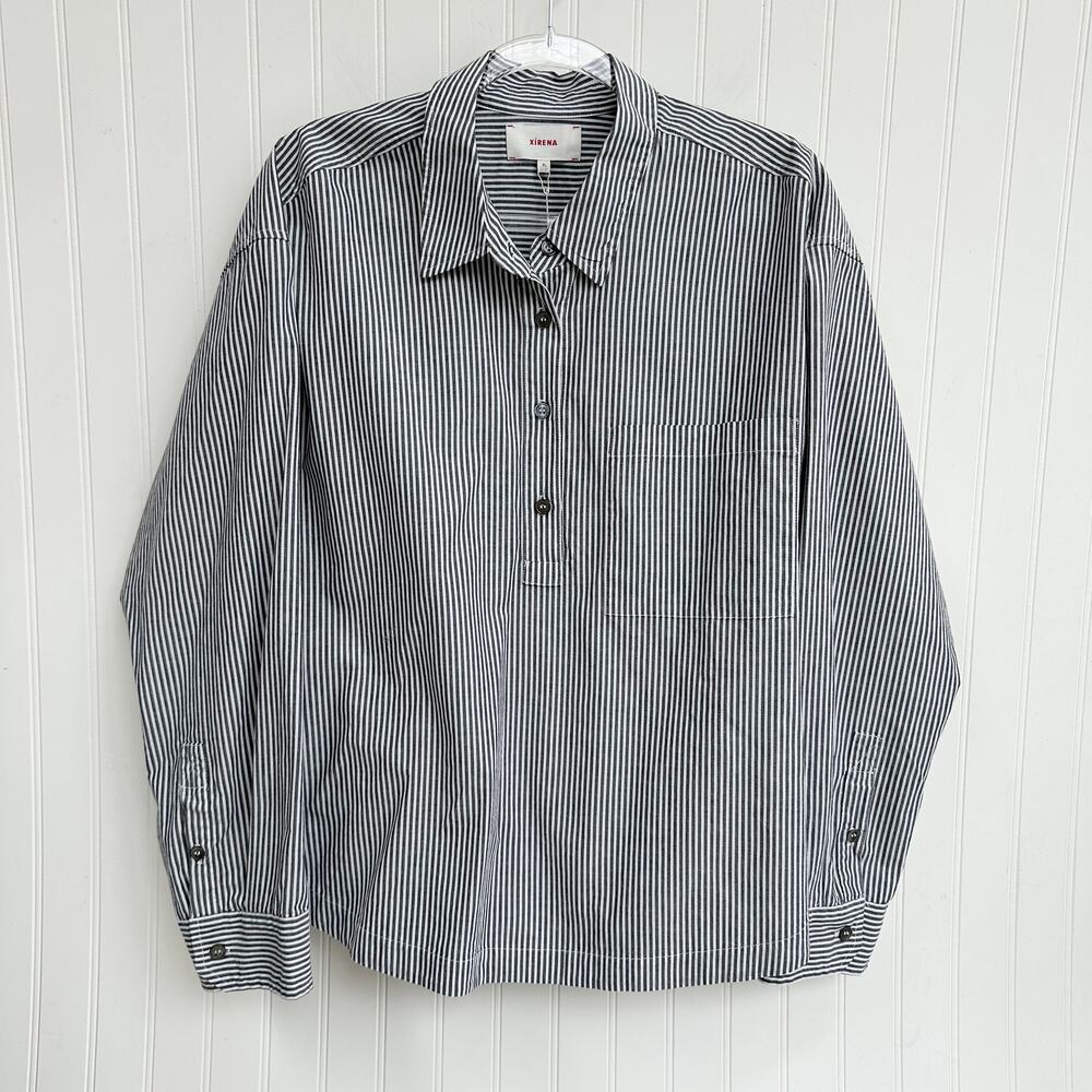 Xirena Lynden White Grey Striped Cotton Button Down Blouse Shirt XL Collar Chic